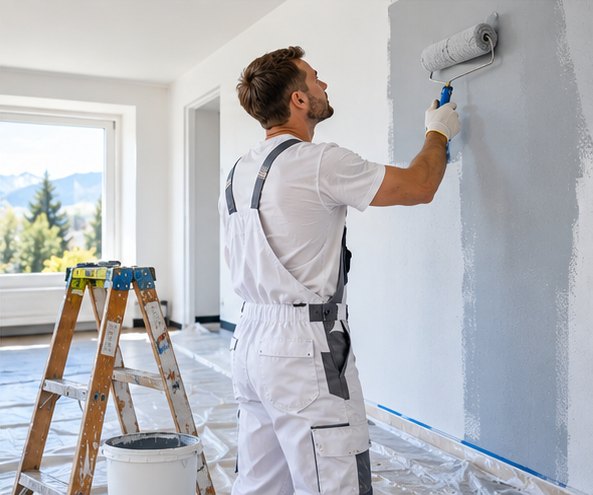 Maler streicht eine Innenwand mit der Farbrolle